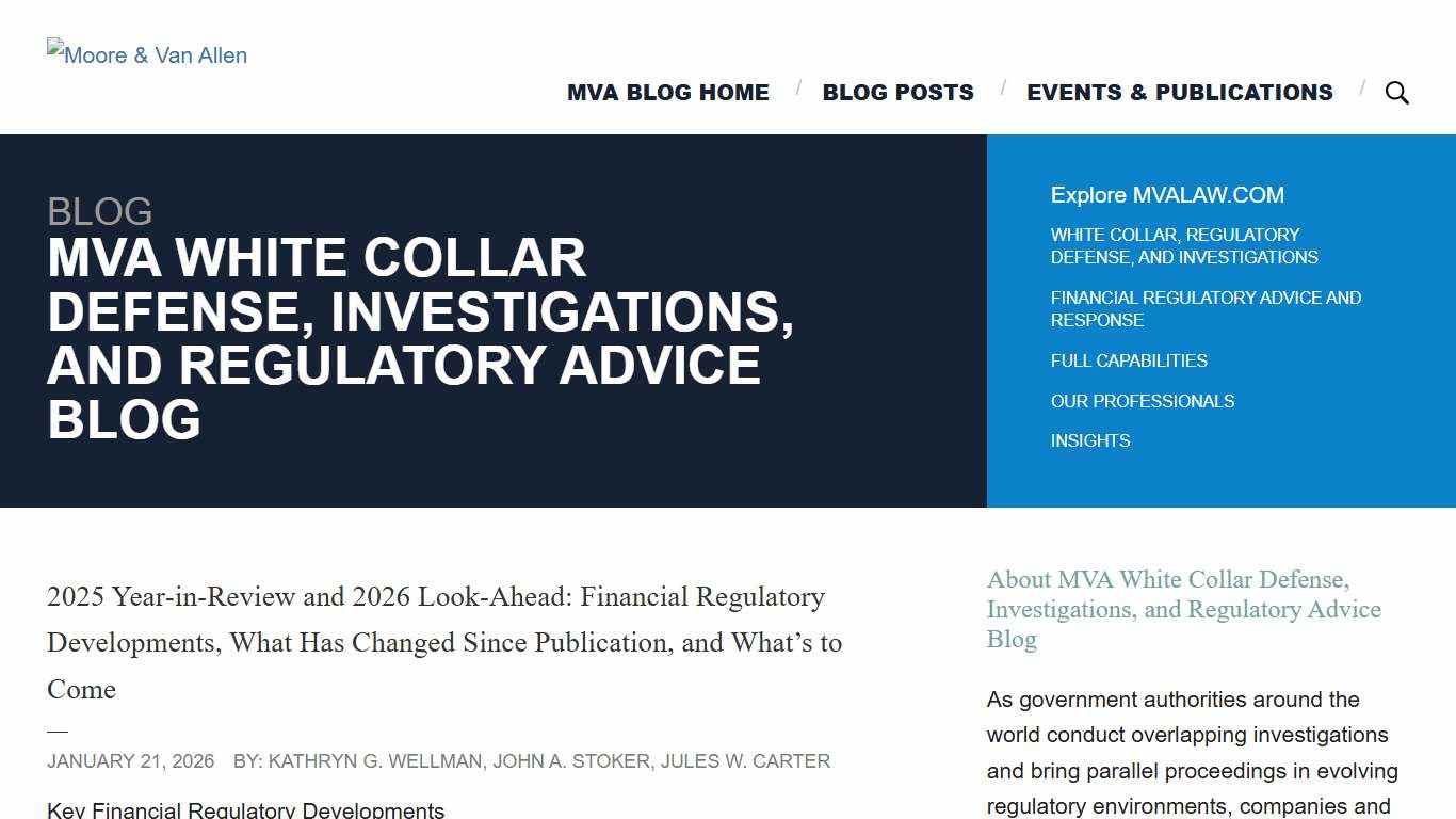 2025 Year‑in‑Review and 2026 Look-Ahead: Financial Regulatory Developments, What Has Changed Since Publication, and What’s to Come: Moore & Van Allen